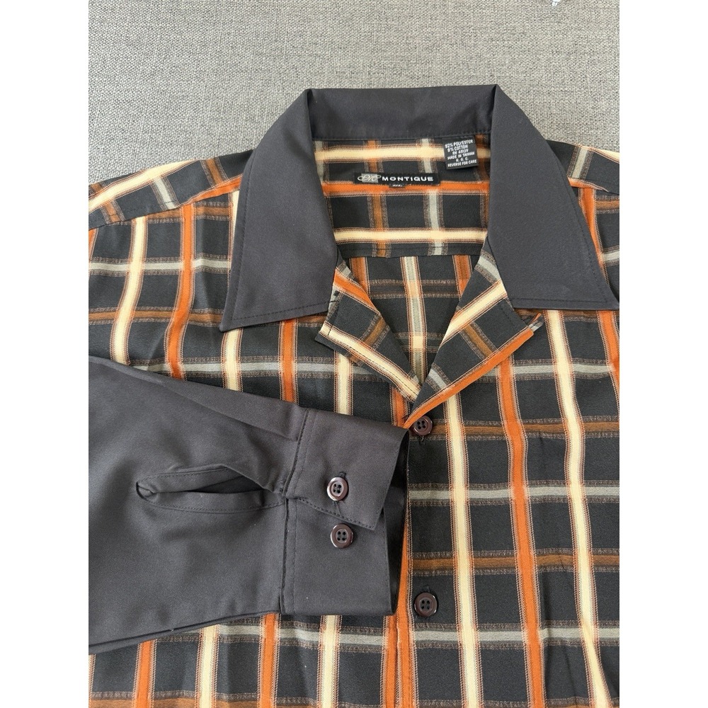 Vintage Montique Mens XL‎ Plaid Button Front Shirt Black Orange Long Sleeve Y2K